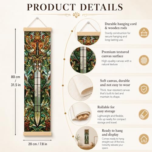 Stained Glass Sword Porch Decor Banner, 31.5 x 7.8 Inch Canvas Hanging Banner with Wooden Rods, Gothic Fantasy Wall Accent for Entryway, Game Room, Patio, Indoor Outdoor Display - Image 2
