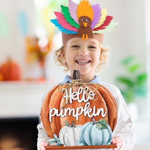 Soaoo Thanksgiving Decoration Wooden Fall Hello Pumpkin Sign Autumn Pumpkin Table Decor 11 Inch Wooden Autumn Desktop Ornament for Thanksgiving Harvest Farmhouse Home Living Room(Orange, Farmhouse) - Image 5
