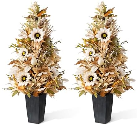 Glitzhome 2 PCS 36”H Fall Porch Tree, Harvest Artificial Porch Tree with Sunflower, Pinecone and Berry Porch & Black Planter, for Autumn Fall Harvest Thanksgiving Christmas Decoration by Glitzhome