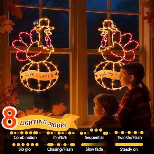 2 Pcs Large Thanksgiving Window Lights Turkey Decorations, Fall Decor Window Lights, LED Turkey Pumpkin Light 2026 Thanksgiving Decor with Timer & 8 Mode & Battery Operated (Yellow Red,17") - Image 3