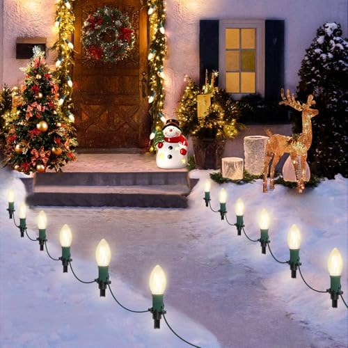 USOKYO 30Ft C9 Led Christmas Pathway Lights Outdoor, 20 Warm White Bulbs Waterproof Connectable Christmas Walkway Lights with Stakes for Yard Lawn Sidewalk Driveway Christmas Decorations by USOKYO