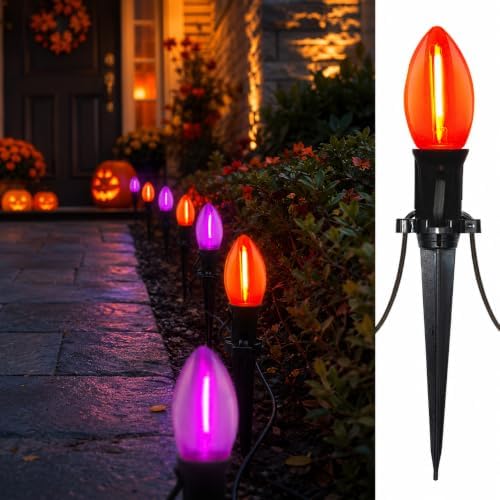 SUNSGNE Halloween Pathway Lights, 19.5Ft Halloween Stake Lights with 10 Count C9 LED Orange and Purple Bulbs for Lawn Yard Sidewalk Garden Decoration by SUNSGNE