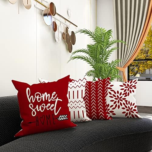 YCOLL Christmas Red Linen Pillow Covers 18x18 Set of 4, Home Sweet Home Farmhouse Throw Pillow Covers, Holiday Decorative Cushion Covers for Sofa Couch Bed, Winter Rustic Xmas Home Decor - Image 5