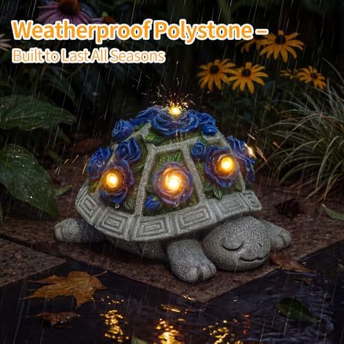 Solar Garden Outdoor Decor Turtle Statue with Dark Blue Roses & 7 LED Lights – Outside Tortoise Decor for Yard Patio Balcony & Backyard - Home House Decoration Art- Gift for Women Mom & Grandma - Image 4