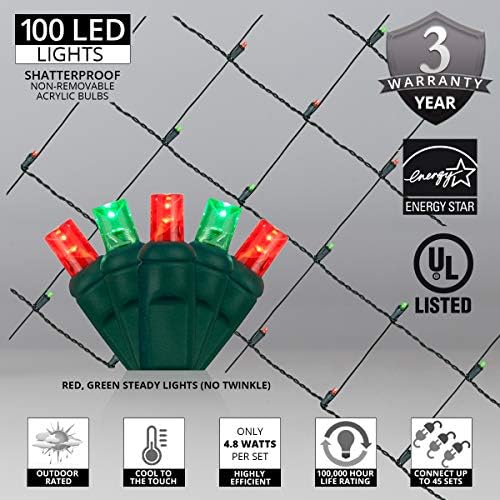 Wintergreen Lighting Set of 100 LED Red and Green Net Lights –Christmas Net Lights, Outdoor Christmas Decorations, Green Wire (4 x 6 ft, 5mm Lights, Red/Green) - Image 3