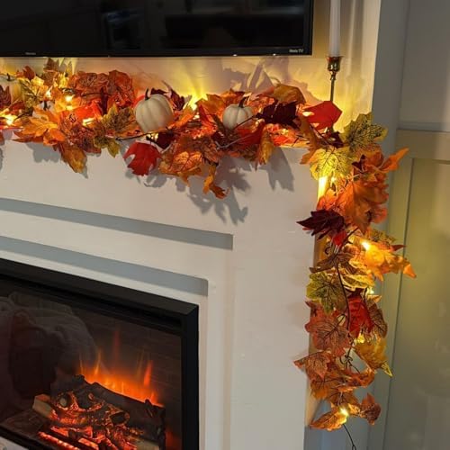 CQURE 12 Pack Fall Leaf Garland,Artificial Fall Vines Autumn Garland Fall Maple Leaves Thanksgiving Decor for Home Wedding Fireplace Christmas(Light..) - Image 3