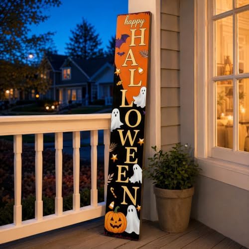 Happy Halloween Vertical Wooden Porch Sign, Spooky Ghost Pumpkin Bat Candy Tall Welcome Hanging Sign, 47.2 Inch Long Halloween Front Door Decor Hang or Lean Against Wall for Indoor Outdoor Farmhouse by DOUSUI