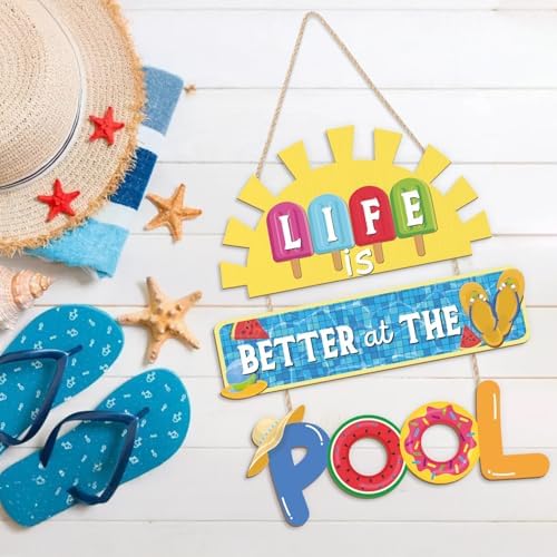 HOURIA Life is Better at The Pool Wood Hanging Sign,11.8 * 13.9 Inch Summer Sunshine Popsicle Swimming Pool Decor,Funny Pool Decorations for Outdoor Beach Party - Image 3