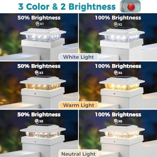 kolpop 4x4 Solar Post Cap Lights Outdoor 4Pack- 3 Color Temperatures&2 Level Brightness, IP65 Waterproof, 16 LED Fence Deck Post Light Solar Powered Only for 4×4/3.5×3.5 Wood/Vinyl Posts(White) - Image 3