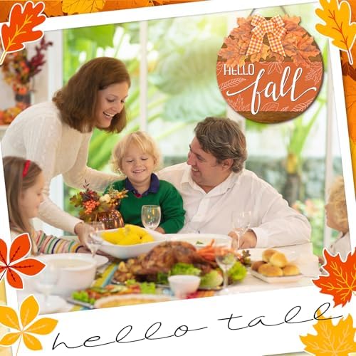 Moucuny Hello Fall Door Sign, 11.8 in Wooden Welcome Wreath with Bow - Image 5