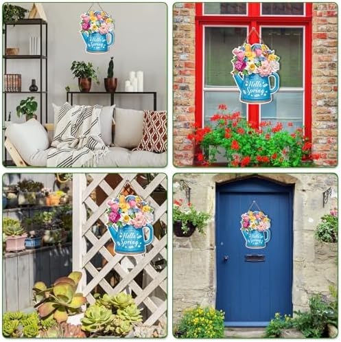 JUESMOS Hello Spring Sign Welcome Spring Decorations for Home 11.4" Flowers and Watering Can Spring Door Wreaths Sign Spring Hanging Sign for Front Door Spring Porch Home Wall Indoor Outdoor Decor - Image 6