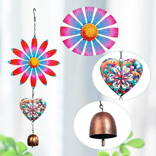 Metal Flowers Hanging Decor, Flower Wind Chime Bell Hanging Decor for Outdoor Garden Yard Doors Walls Living Rooms Bedrooms, 2 Pack (Flower-a-Heart) - Image 4