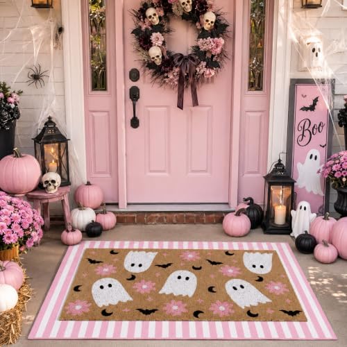 Tinideya 2 Pcs Halloween Pink Ghost Layered Doormat Set by Tinideya