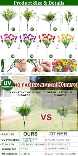 24 Bundles 8 Styles Artificial Flowers for Outdoors UV Resistant Fake Flowers Faux Plastic Plants Colorful Daisy Boston Fern Lavender Cemetery Flowers for Outside Indoor Home Porch Patio Spring Decor - Image 4