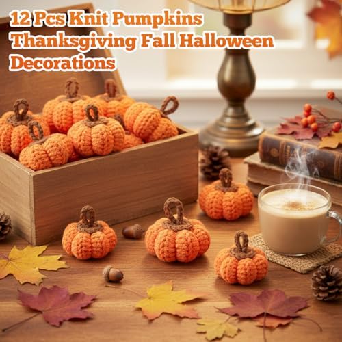 Remagr 12 Pcs Knit Pumpkins Fall Decor 2 Inch Thanksgiving,Orange - Image 5