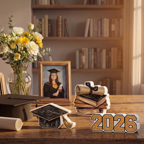Smile 2026 Graduation Wooden Standing Decor Set, 3-Piece Grad Cap & Diploma Book Stack Tiered Tray Tabletop Signs for Graduation Party Decorations - Image 4