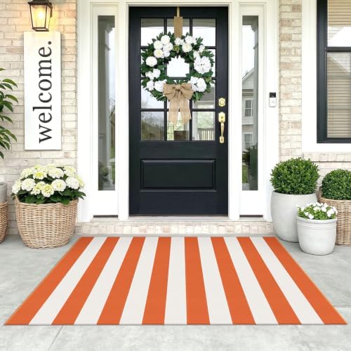 KOZYFLY Striped Rug 3x5 ft Orange and White Halloween Fall Front Door Rugs by KOZYFLY
