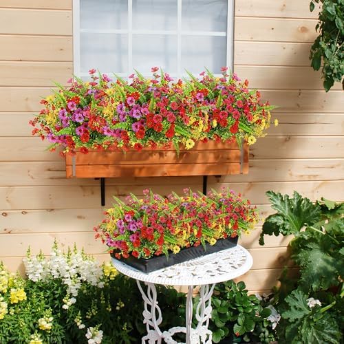 Artificial Flowers for Outdoors 12 Bundles Realistic Faux Plants UV Resistant Fake Silk Daisy with Eucalyptus for Boxwood Planter Patio Porch Outside Spring Summer Decoration(Mixed with Fern) - Image 3