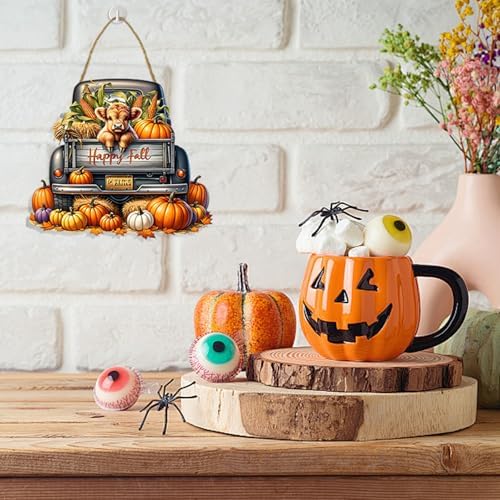 Hello Fall Harvest Sign Highland Cow Wooden Truck Door Hanging Decor Halloween Pumpkins Autumn Decoration Happy Thanksgiving Table Decor for Home,Farmhouse,Office,Garden - Image 4