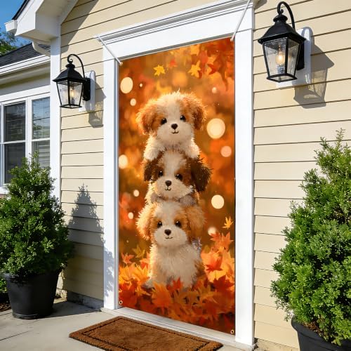NYZE Happy Fall Door Cover, Cute Puppy Maple Leaf Door Banner, Fall Harvest Orange Leaves Dog Door Cover for Farmhouse Porch Indoor Outdoor Decor - Image 5