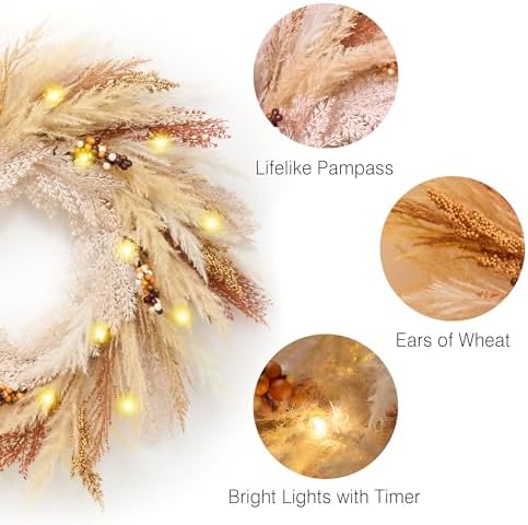 DecorbyHannah 24'' Neutral Fall Pampas Wreath with Lights for Front Door - Image 3