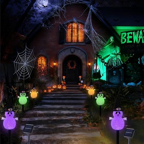 BRIGHTDECK Halloween Solar Pathway Lights Outdoor, LED Decor, Light Up Solar Stake Lights for Holiday, Halloween, Walkway, Sidewalk (Multicolor Hat Ghost, 6-Pack) - Image 5