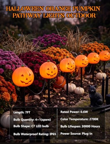 Halloween Pumpkin Pathway Markers Lights Outdoor, 7Ft Connectable C7 Halloween Decorations Pathway String Lights with 4 Pumpkin Stakes Lights for Outdoor Garden Walkway Yard Driveway Lawn Party Decor - Image 5