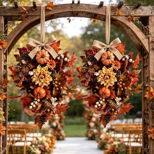 2 PCS 24'' Fall Teardrop Swags for Door Autumn Floral Pumpkins Swag Wreaths - Image 4