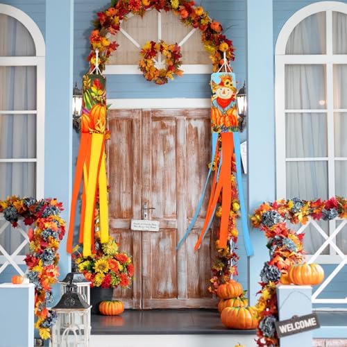 NOVWANG 2 Pcs Fall Windsocks, Scarecrows Pumpkins Wind Socks Autumn Windsocks Thanksgiving Outdoor Hanging Scarecrow Decorations for Home Farmhouse Garden Yard Decor - Image 4