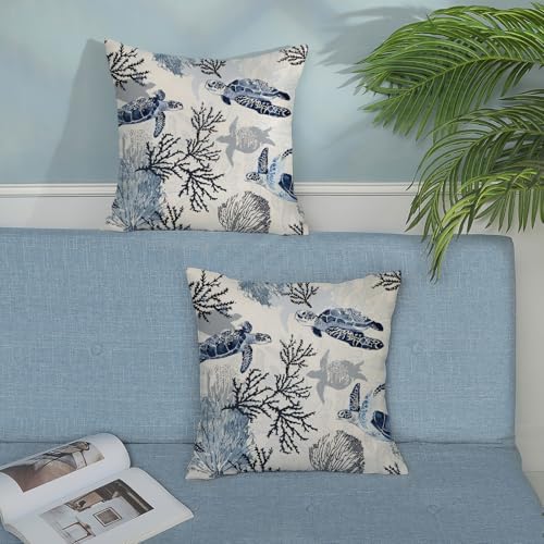 Coastal Turtle Pillow Covers 18x18 Set of 2 Coral Sea Nautical Decorative Throw Pillows Blue Beach Themed Ocean Outdoor Pillow Cases Linen Farmhouse Cushion Case for Couch Sofa Bedroom Decor - Image 3