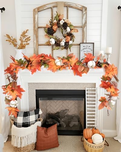 DearHouse 6ft Pumpkin Fall Maple Leaves Garland - Artificial Autumn Foliage Hanging Vine for Thanksgiving, Home, Wedding, Fireplace, Party, Christmas Decor (Orange & Brown) - Image 2