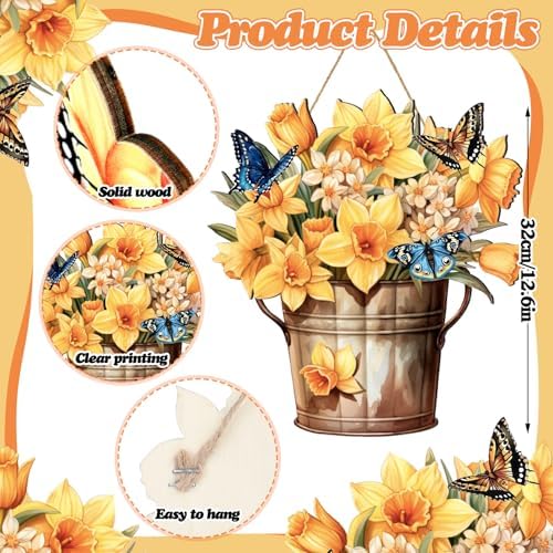 Novabright Spring Decorations for Home Spring Daffodil Hanging Sign Daffodil Porch Door Hanger Decor Rustic Wood Wall Hanging Decoration for Home Porch Door Decor and Mom Wife Grandma Gift - Image 2