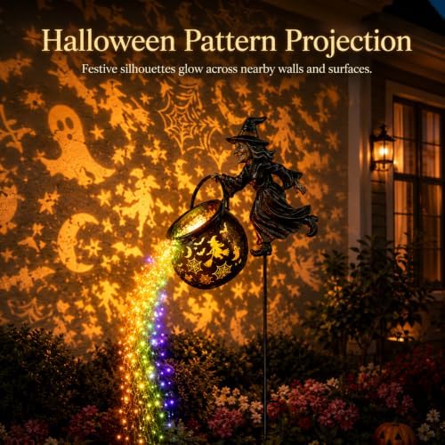Halloween Witch Cauldron Garden Light, Outdoor Halloween Lights with Cascading Multicolor LED Waterfall and Pattern Projection, Garden Stake Decoration for Yard, Lawn, Porch and Pathway - Image 5