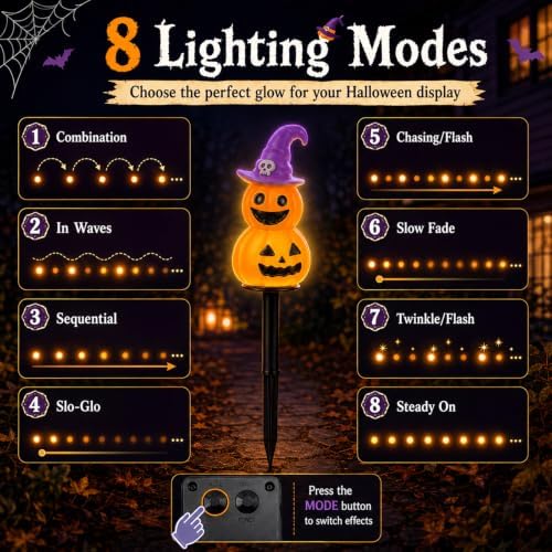 Halloween Decorations Solar Garden Lights, 4pcs Magic Hat Pumpkin Path Lights with 8 Lighting Modes, Waterproof Yard Light, LED Santa Claus Gift for Yard Path Decor (Orange - Pumpkin) - Image 3