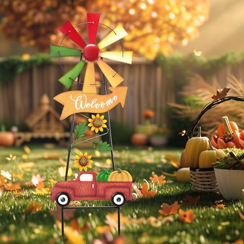 TERESA'S COLLECTIONS Fall Outdoor Decor, Wind Spinners Yard Stakes, Metal Pumpkin Fall Garden Decorations, Thanksgiving Welcome Sign, Rustic Autumn Sunflower Decor for Lawn Patio, 26" - Image 3