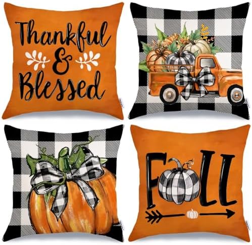GEEORY Fall Decorative Throw Pillow Covers 20 x 20 Inch Set of 4, Pumpkins Thankful Blessed Buffalo Plaid Fall Decor Outdoor Farmhouse Pillow Cases for Home Couch (Orange Color) G337-20 by GEEORY