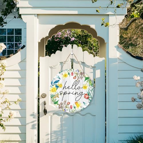 Hello Sign for Front Door Decor, Spring Flowers Wooden Sign Indoor Wall Hanging Decor Round Hanging Decoration for Home Front Door Porch - Image 3