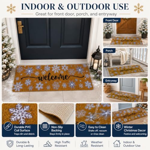 Long Doormat 48x 16 inch Snowflakes Door Mat Christmas Doormat Welcome Door Mat for Winter Christmas Front Door Outdoor Indoor Porch Entrance Decor - Image 6