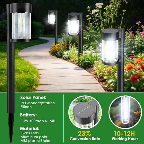 Mancra Solar Pathway Lights Outdoor, 10 Pack Metal & Glass Solar Lights Outdoor Waterproof Landscape Path Lights, Cool White - Image 2