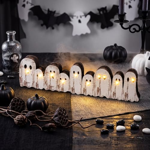 Yousoontic Halloween Ghost Decor Table Centerpieces, Cute Wooden Sign Decorations with LED Lights 3D Block, Lighted Ghost Ornament for Tabletop Mantel Windowsill Mantel Desk Table Home Office Party - Image 5