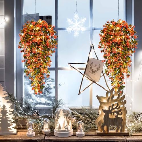 RECUTMS Artificial Fall Hanging Flowers with 30 LED Fairy String Light 2Pcs - Image 4