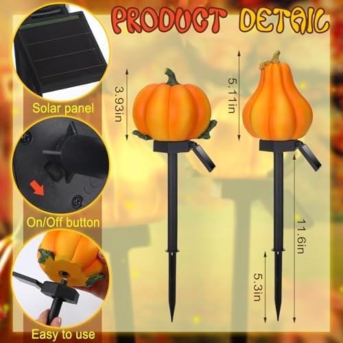 Rossesay 2 Pcs Fall Solar Pumpkin Lights Waterproof Yard Stakes, Orange - Image 2