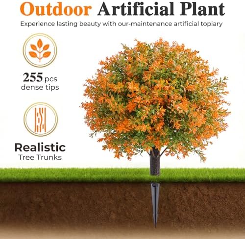 PATIO CHOICE Fall Decor Outdoor Set of 2, Artificial Urn Filler 22in Fall Topiary Ball Tree with Ground Spike Fake Plants Fall Indoor Outdoor Decorations for Front Porch, Porch, Home, Garden,Yard - Image 2