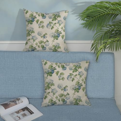 Blue Green Floral Pillow Covers 16x16 Inch 2 Pcs Vintage Flower Decor Throw Pillows Hydrangea Seasonal Spring Summer Outdoor Farmhouse Decoration Pillowcase Linen Cushion Cover for Couch Sofa Bed - Image 3