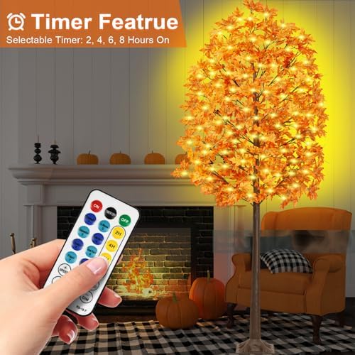 8FT 210 LED Lighted Maple Tree - Thanksgiving Decor Artificial Fall Tree with 21 Branches, 21 Acorns 420 Leaves, Remote 8 Flashing Modes, Timing, DC 5V Safe for Outdoor Wedding Party Autumn Decor - Image 4