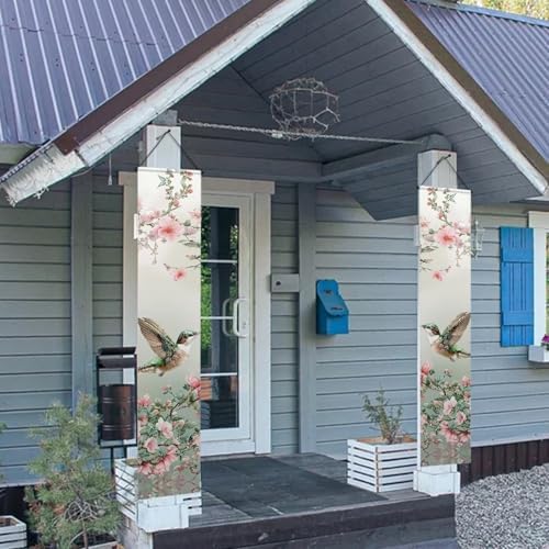 2 Pcs Spring Summer Hummingbird Porch Banners Cherry Blossom Hanging Flag Porch Sign for Front Door Wall Porch Banners Spring Decorations Seasonal For Yard Indoor Outdoor Decorations - Image 3
