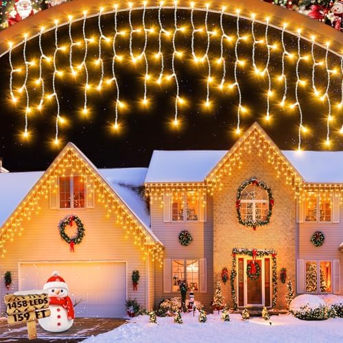159 FT Christmas Lights Outdoor, 1458 LED Waterproof Outside Christmas Lights Plug in, Timer & Memory, 8 Modes Fairy Lights with 324 Drops for House Eaves Yard Patio Wedding Decorations, Warm White by JIXXULVU