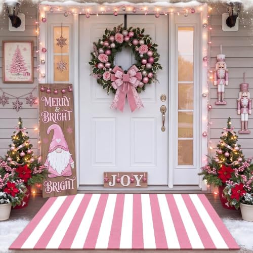 Duraaamo Christmas Pink Striped Rug 3' x 5' for Candyland Outdoor Decor by Duraaamo