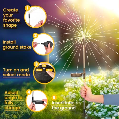 GIGALUMI 4 Pack Solar Firework Lights Outdoor, Garden Decor, Warm White - Image 4
