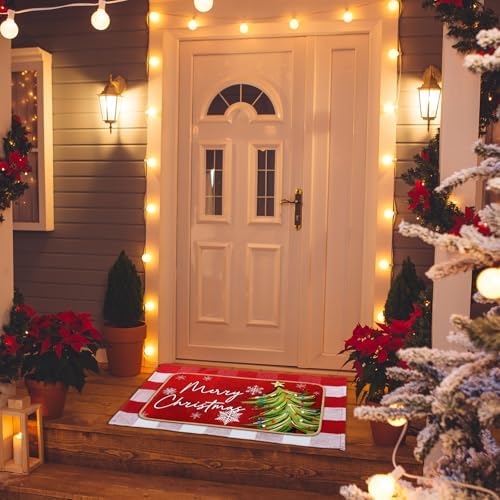 Tinideya 2 Pcs Christmas Door Mat Outdoor Whimsical Xmas Tree Front Doormat Nonslip Red and White Buffalo Plaid Layered Linen Rubber Xmas Rugs Merry Christmas Decor for Front Porch Entryway Outside - Image 6